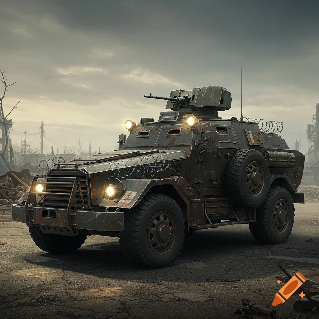 A dark, rusty armored vehicle stands on a ruined street in a destroyed city.
