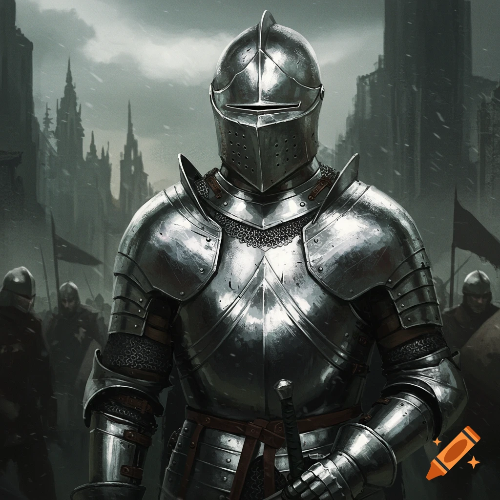 A knight in shining armor stands before a crowd and castle.