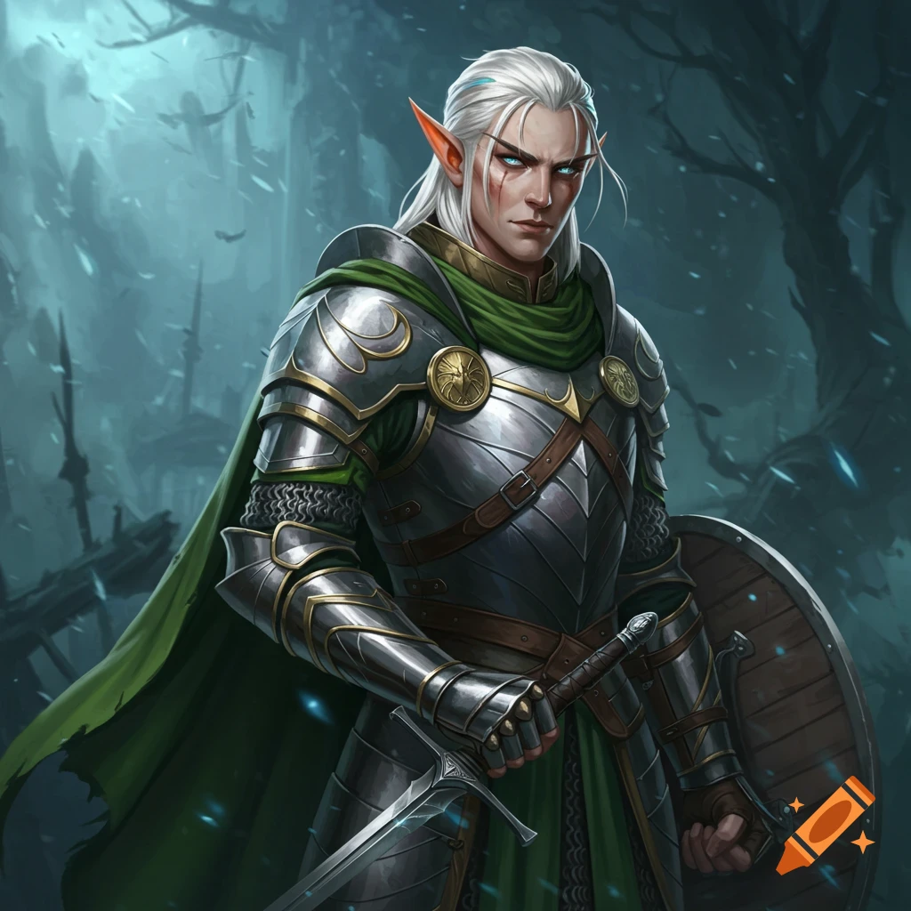 An elf warrior in elaborate armor with sword and shield in a misty forest.