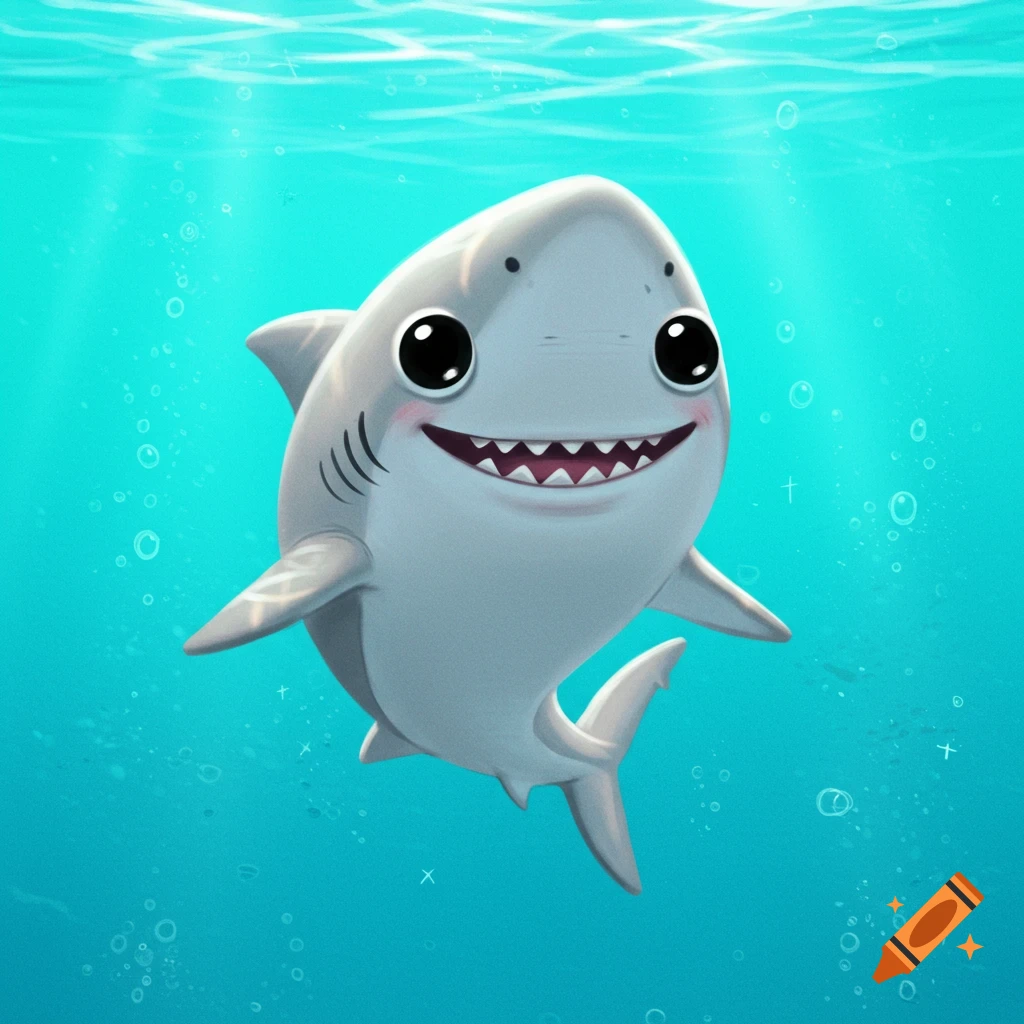 A cute cartoon shark with big eyes smiles underwater.