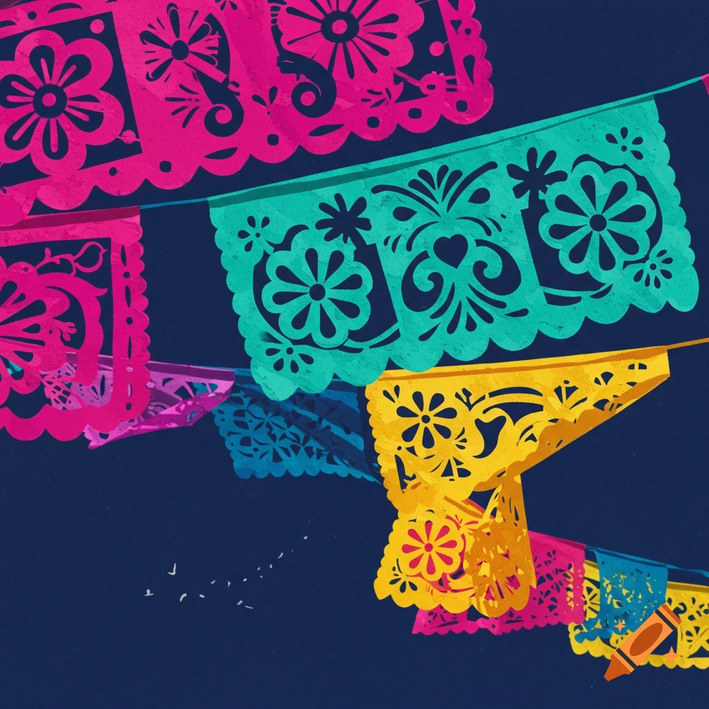 Colorful papel picado banners with intricate cut patterns against a dark blue background