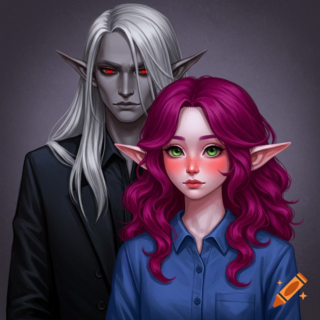 A fantasy portrait of a pale character with long white hair and red eyes standing behind a character with magenta hair and green eyes.