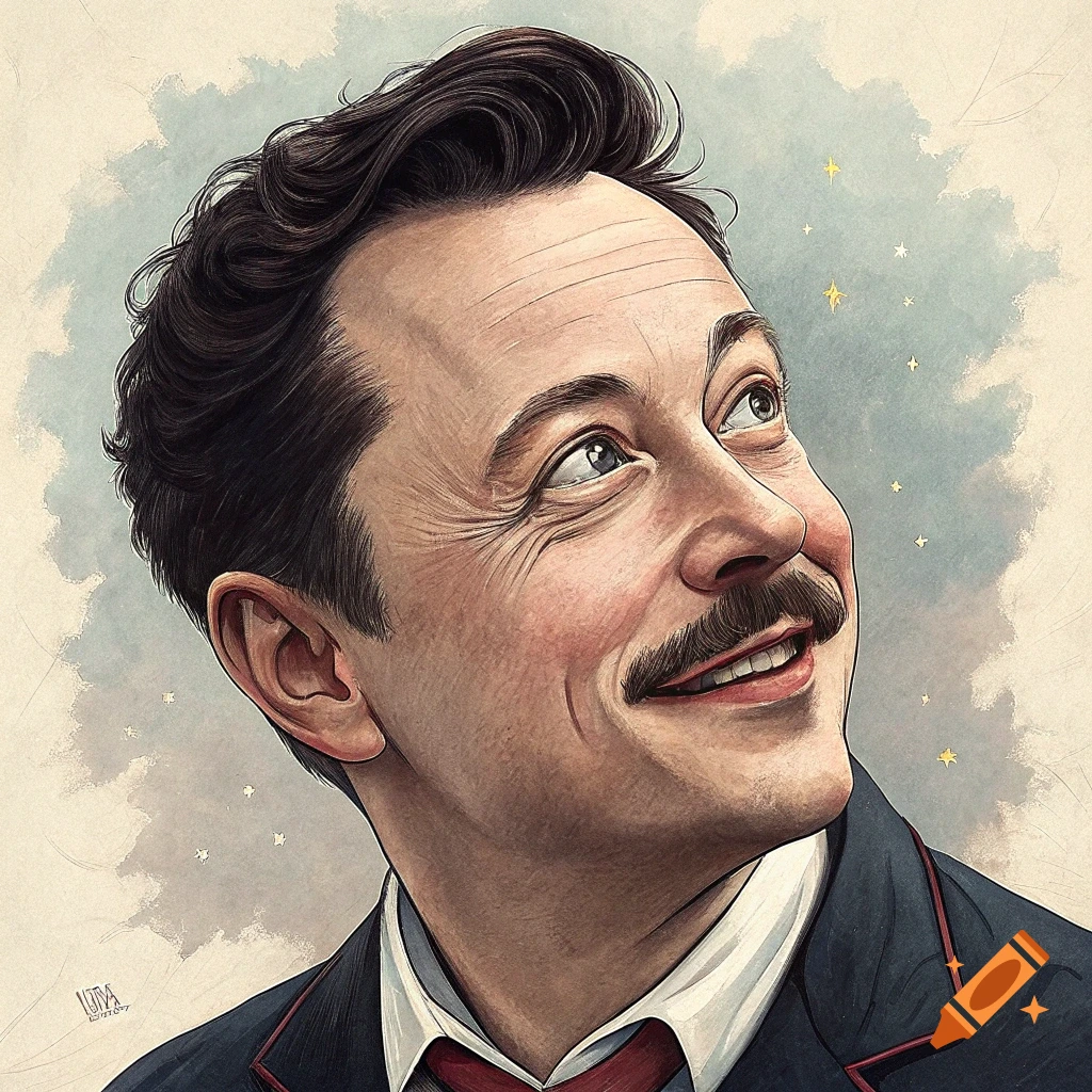 Stylized caricature illustration of a man with a mustache looking upwards.