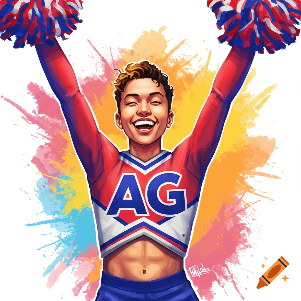 A cheerful person in a cheer uniform with pom-poms