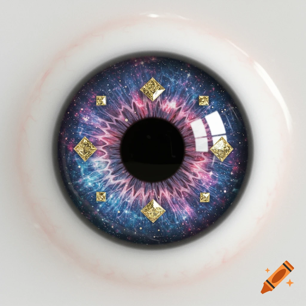 Close up of a realistic eye with a galaxy pattern iris and scattered golden diamonds.