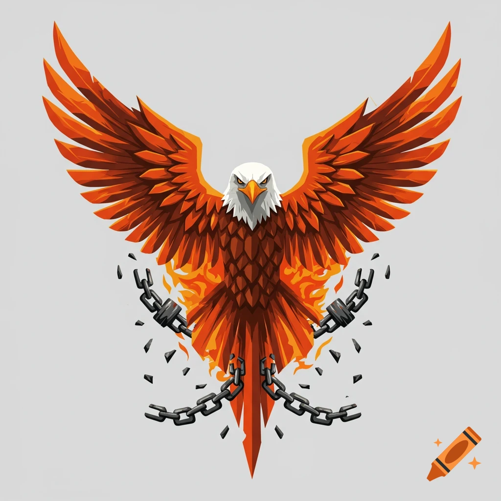 Stylized orange eagle with wings spread breaking chains amidst fire.