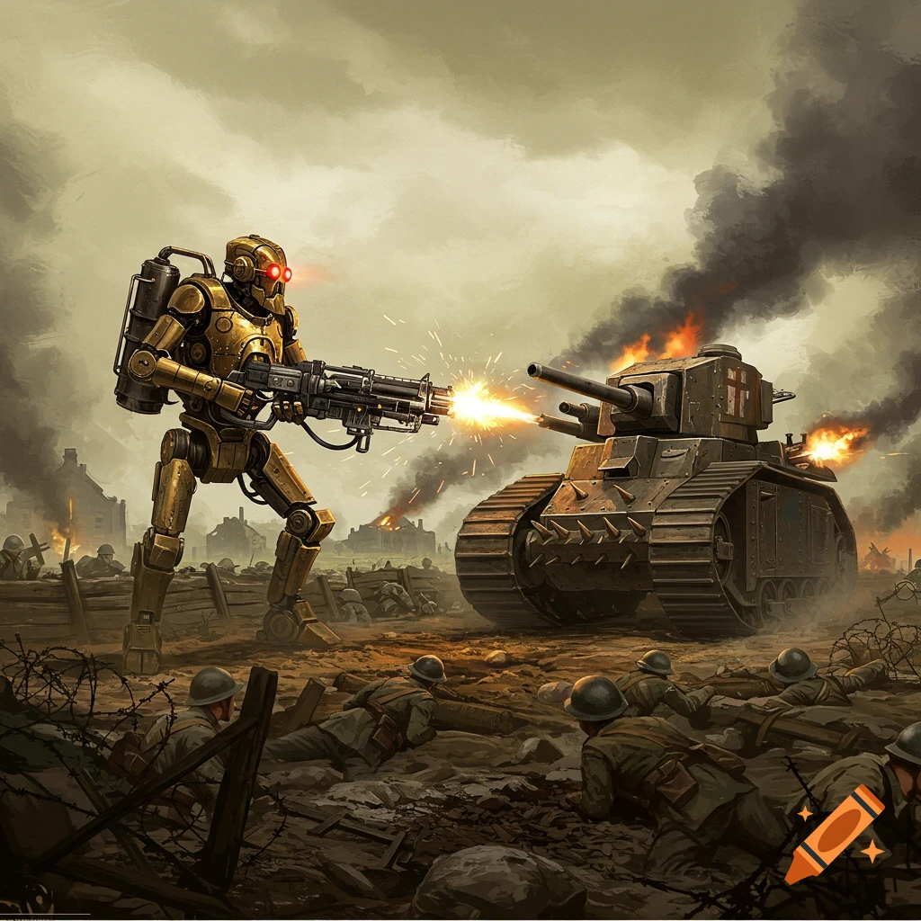 Steampunk robot fights tank on WWI battlefield with soldiers.