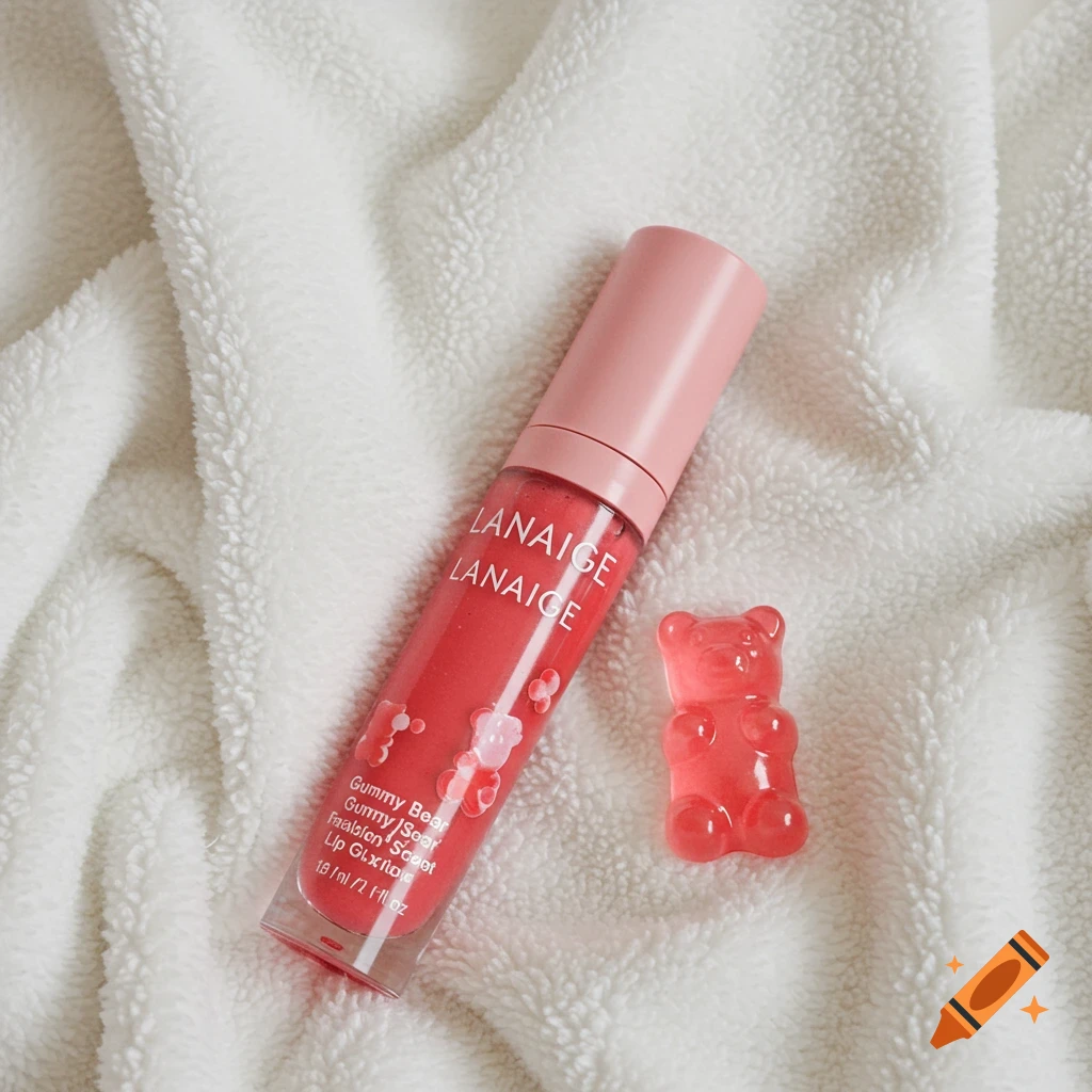 Pink lip gloss tube and a gummy bear on a white blanket.