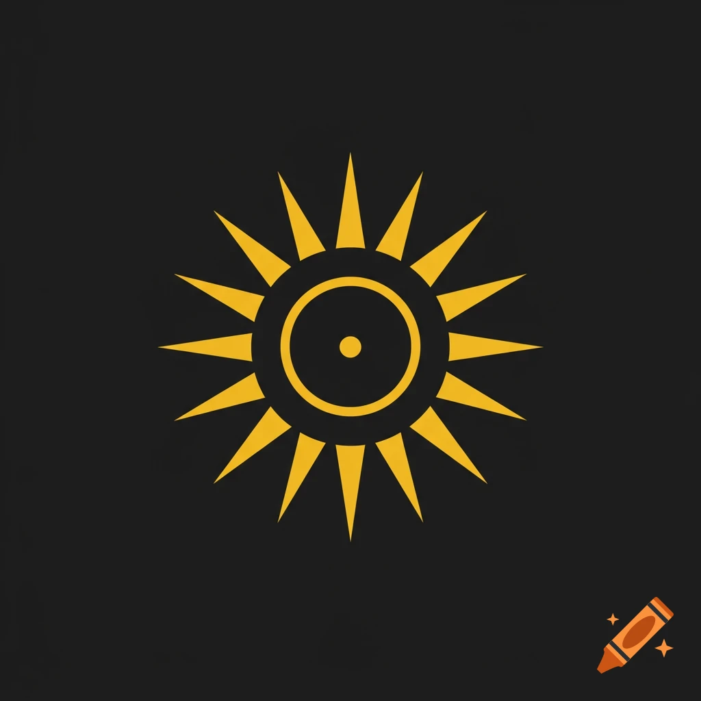 A stylized yellow sun symbol with sharp rays on a dark background.