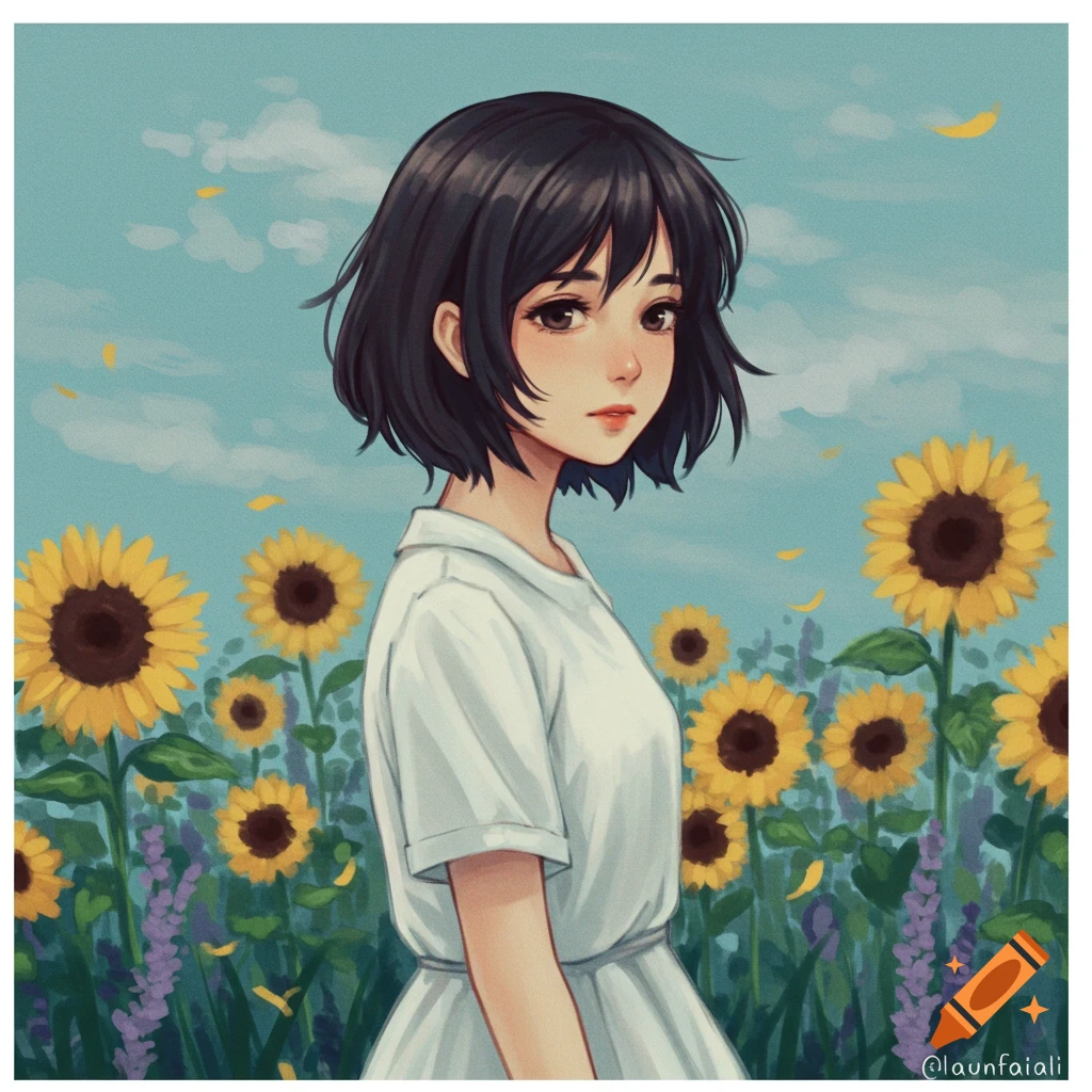 Anime style depiction of a girl in a white dress standing in a field of sunflowers.