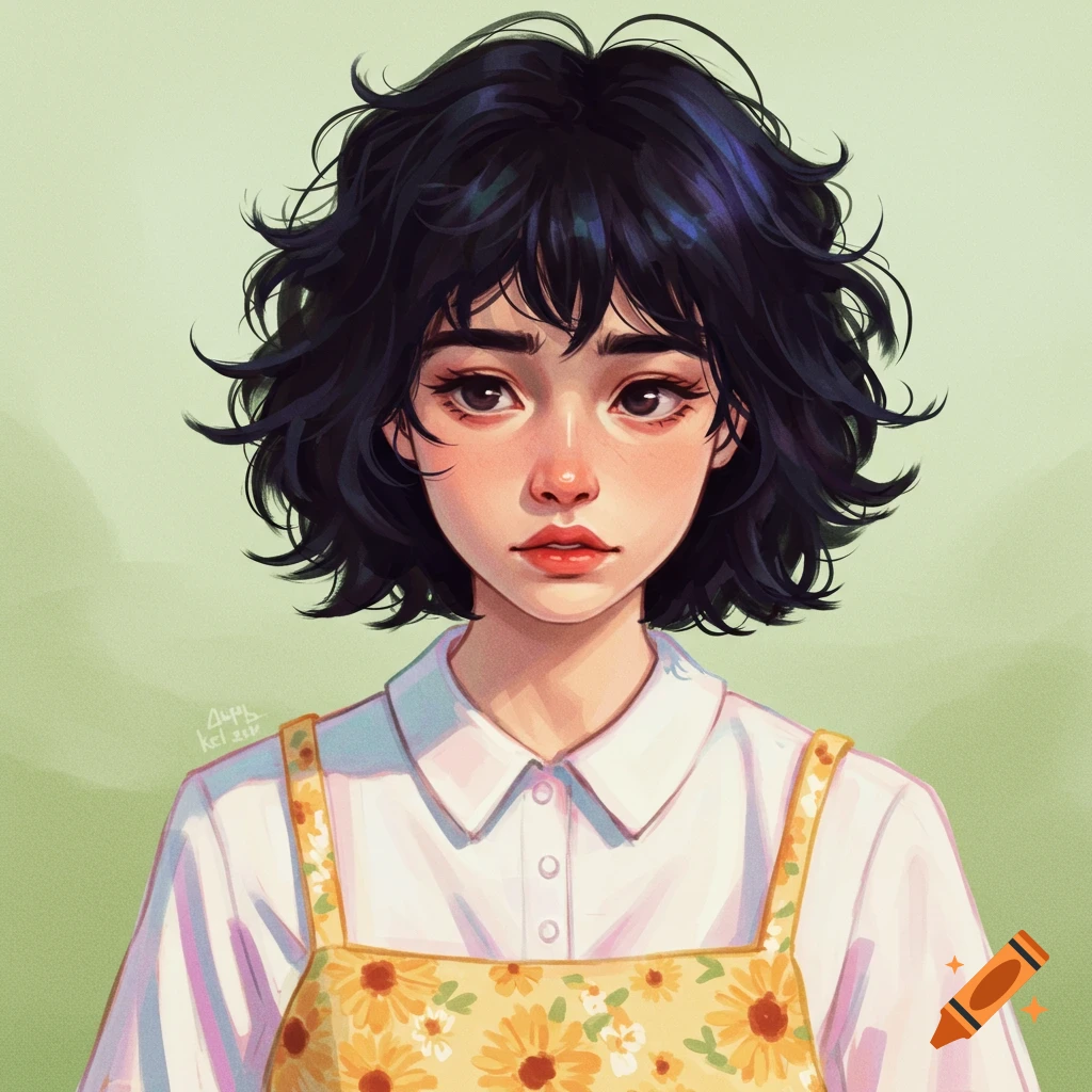 A young woman with short dark hair, wearing a white shirt and yellow sunflower dress.