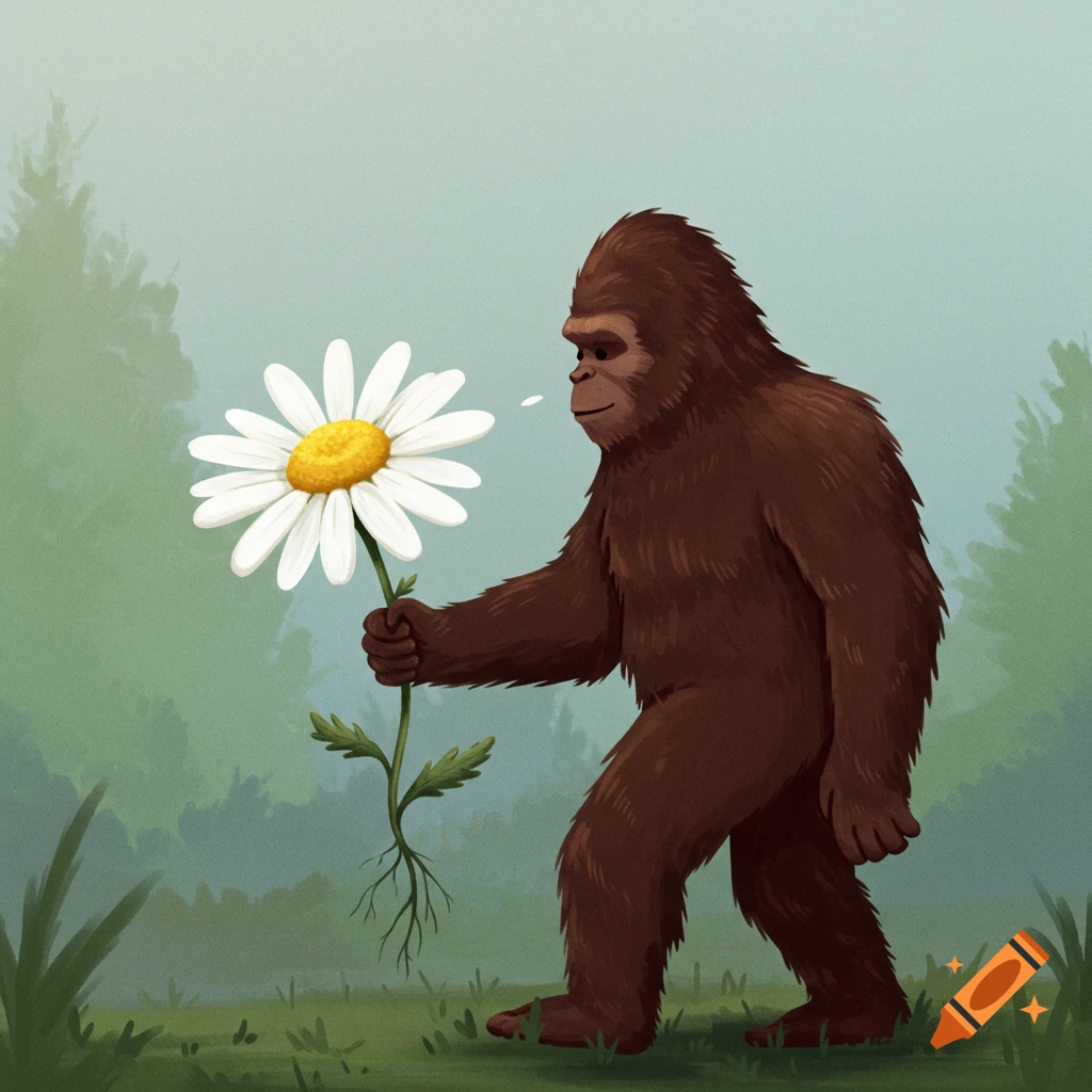 Sasquatch holding a large daisy with roots in a forest.