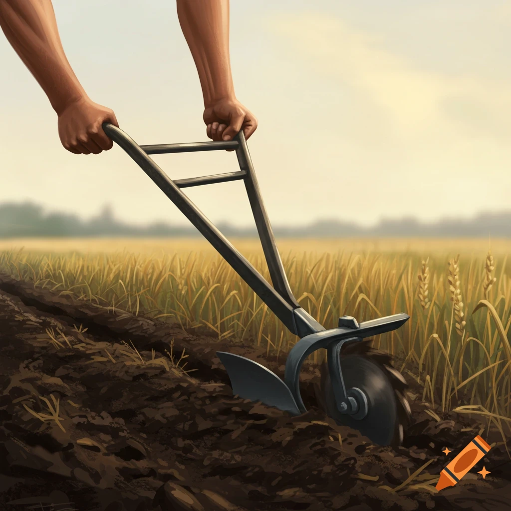 Hands pushing a single blade plow through soil in a field of wheat.