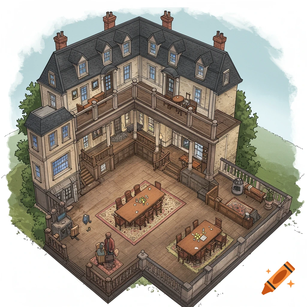 Isometric illustration of a large house interior cutaway showing dining rooms, balconies, and stairs.