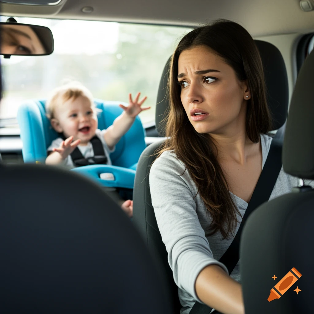A stressed woman driving looks back at a baby in a car seat reaching towards her.