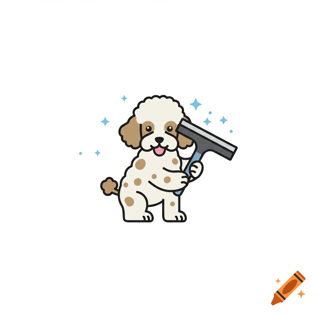 A vector graphic logo of a cartoon poodle with brown spots holding a window squeegee.
