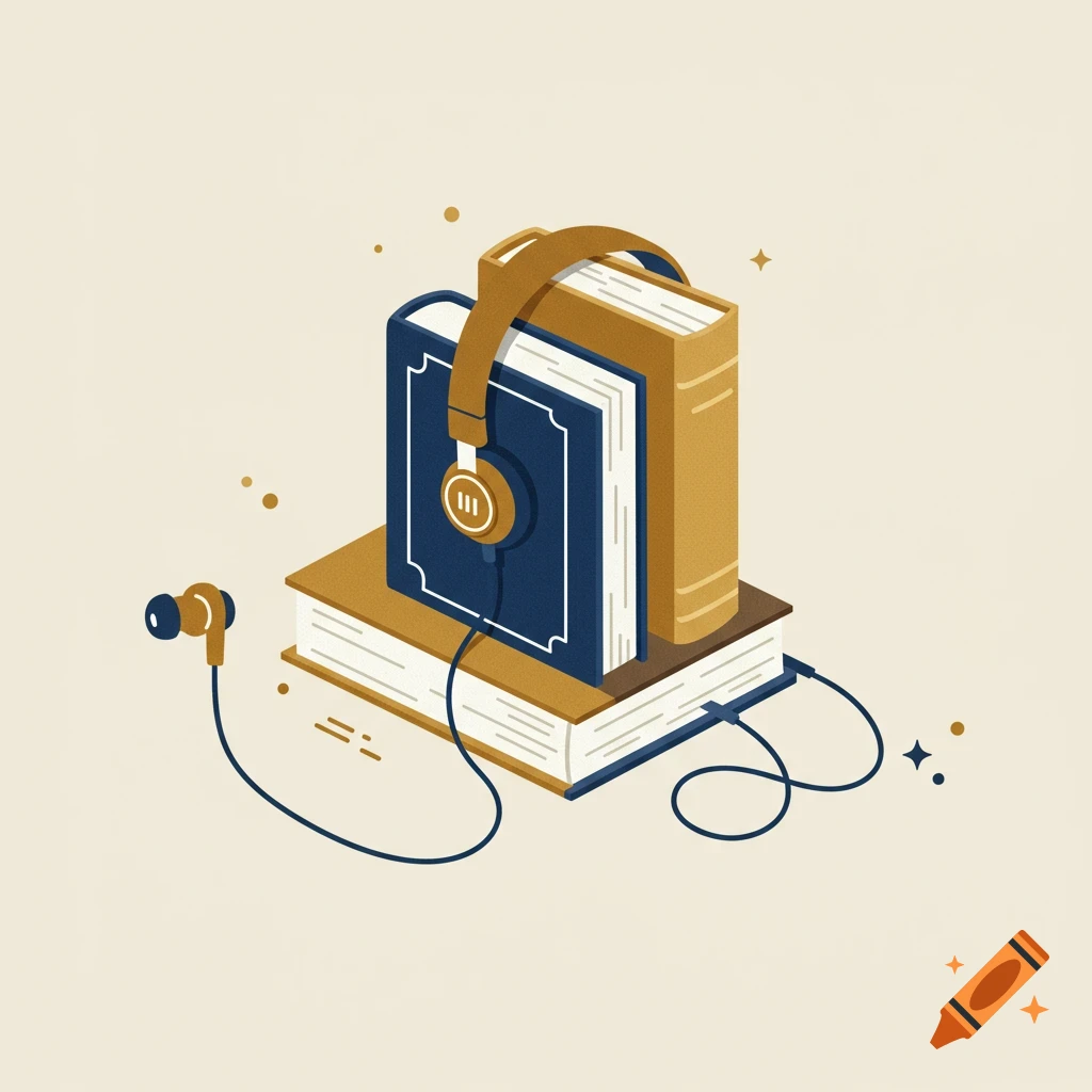 Minimalist illustration of headphones on a stack of books with wires