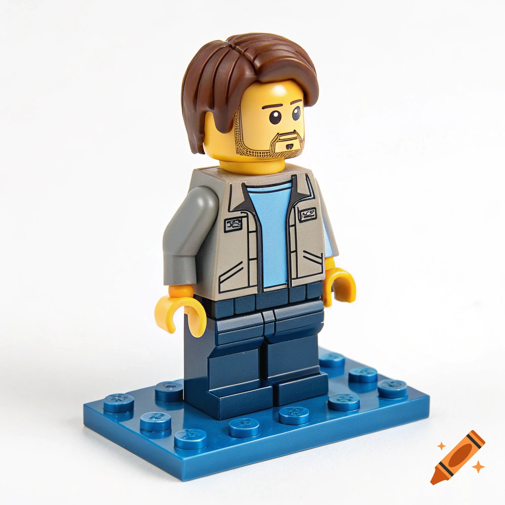 Lego minifigure with brown hair and beard wearing a jacket, standing on a blue baseplate