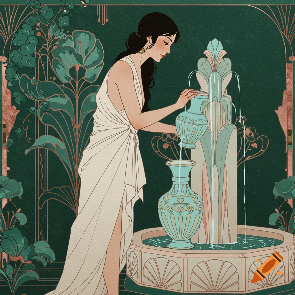 A woman pours water from a vase into a fountain in an art nouveau style.