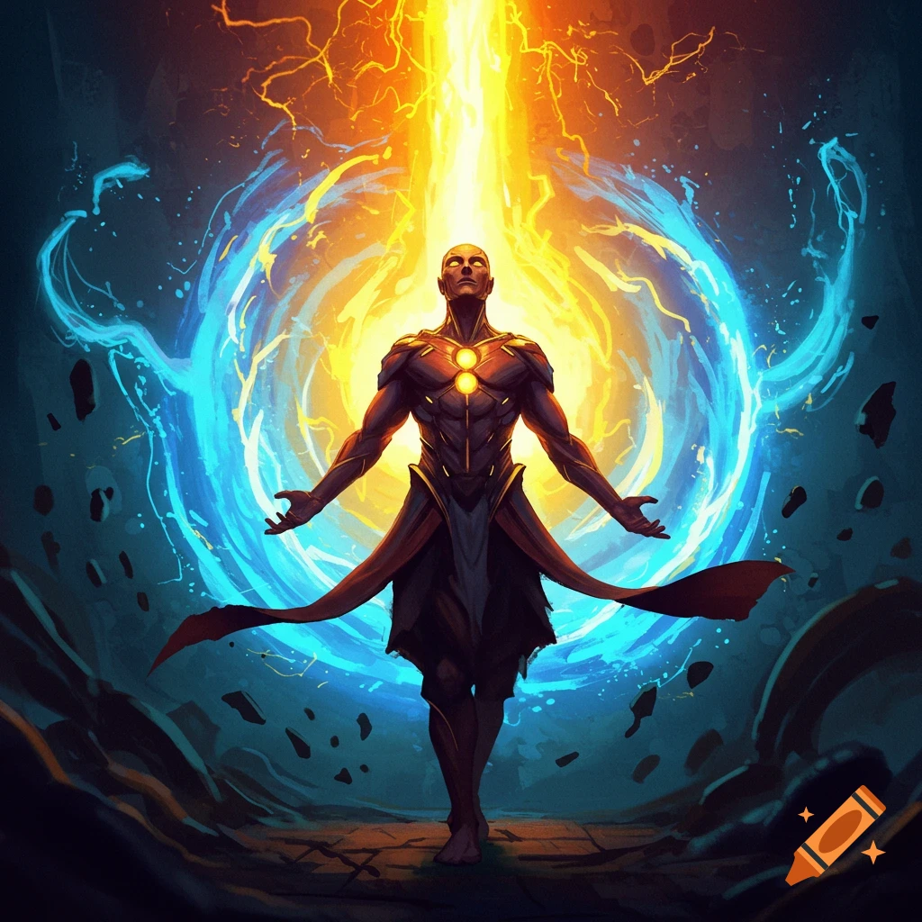 A powerful figure radiating yellow and blue energy upwards, standing on a rocky ground.
