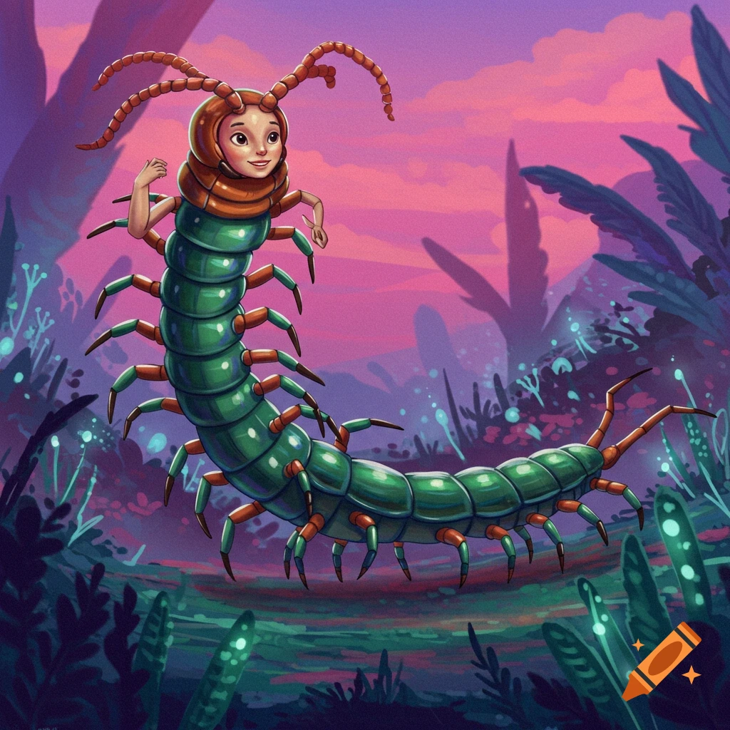 A human-faced centipede creature in a vibrant fantasy landscape.
