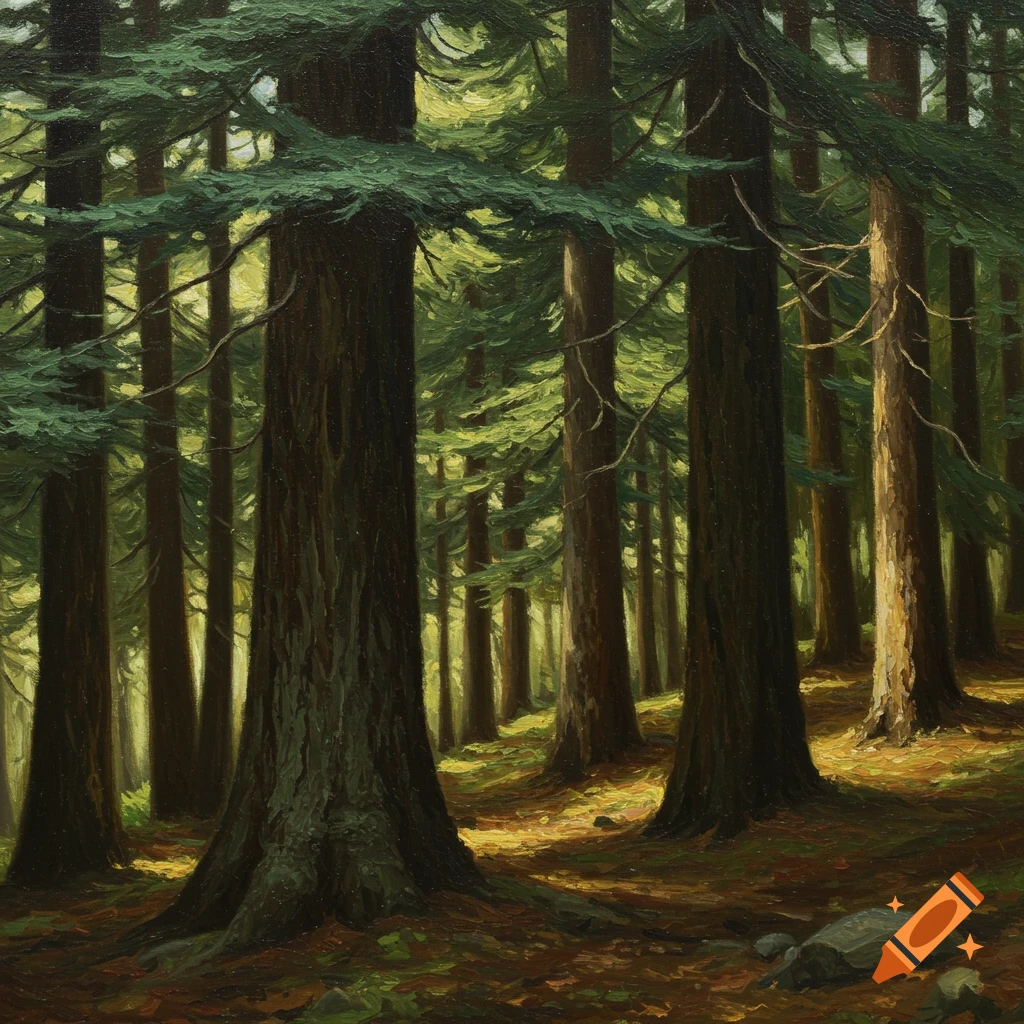 Oil painting of a sunlit forest of cedar trees.