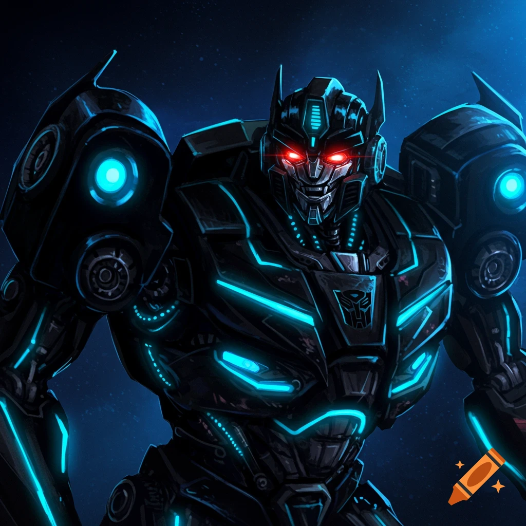 A close-up of a black robot with glowing red eyes and blue lights.