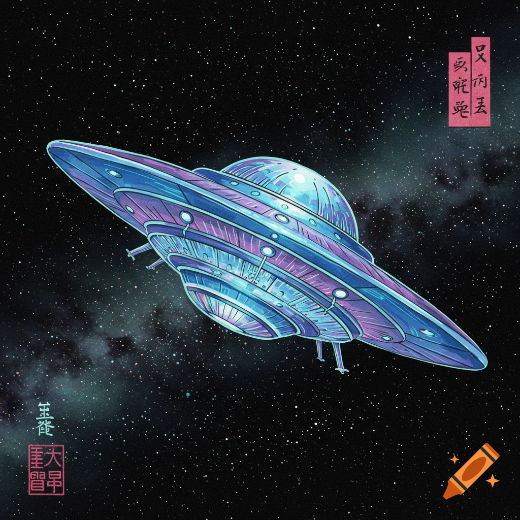An iridescent blue and purple UFO in space with a starry galaxy background.