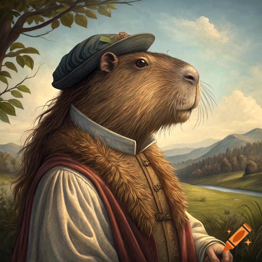 A capybara wearing a hat and historical clothing in a landscape painting style.