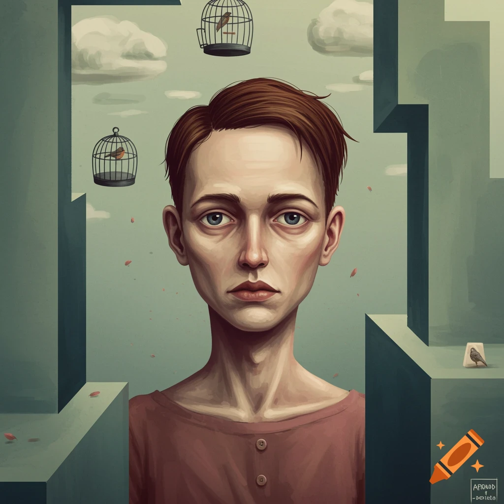 A person's face is featured in a surreal landscape containing birdcages and geometric structures.