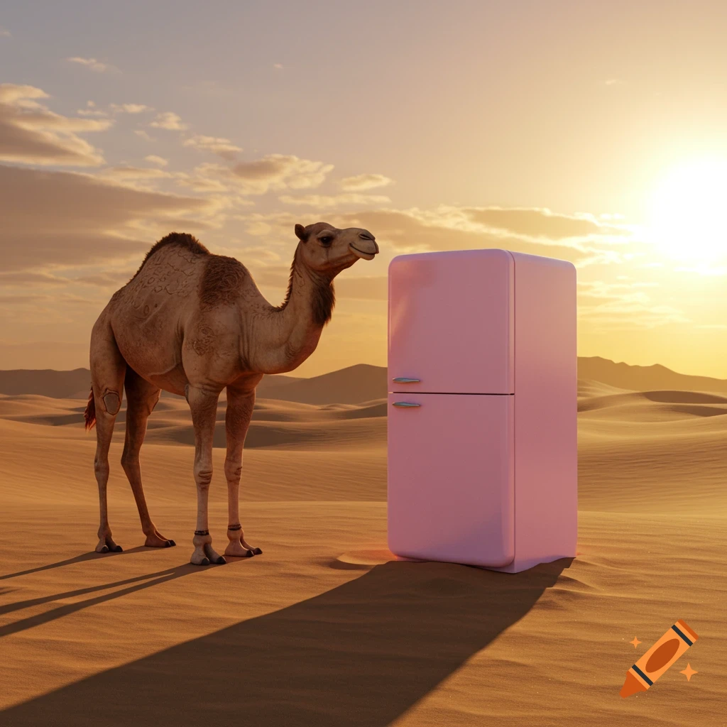 A camel stands next to a pink refrigerator in a desert at sunset.