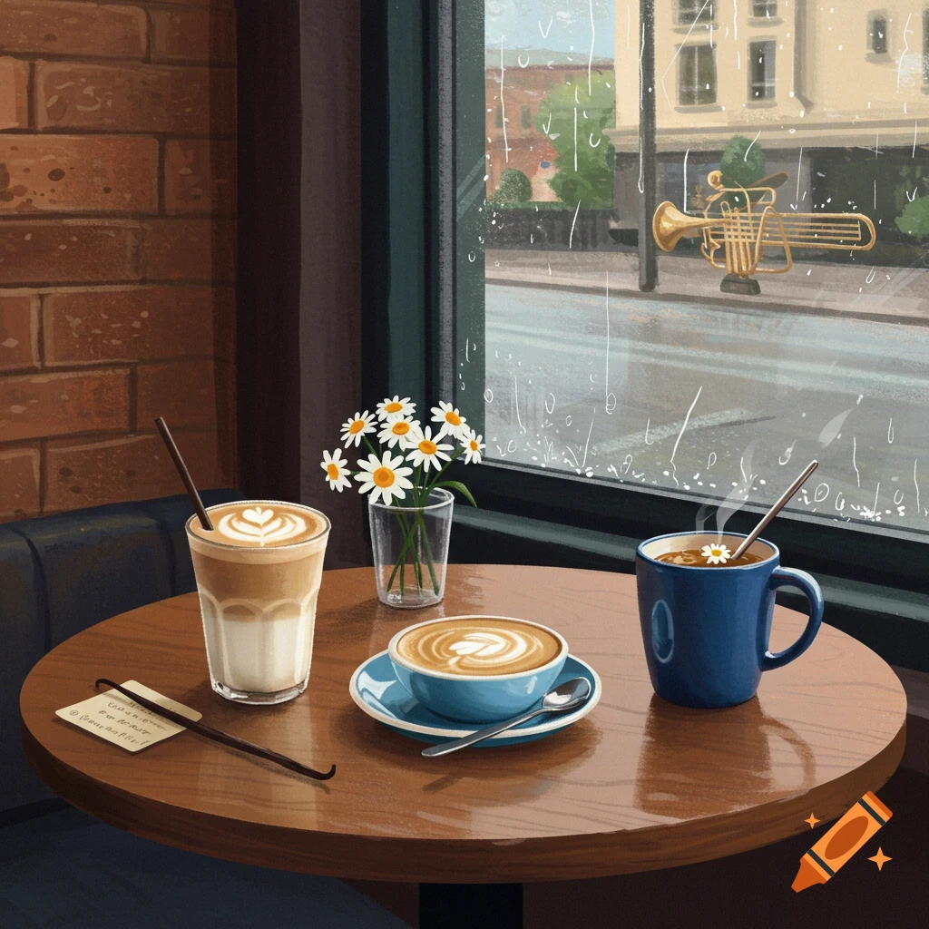 Cafe table with coffee, tea, and flowers by a window looking out at rain and a trumpet sculpture.