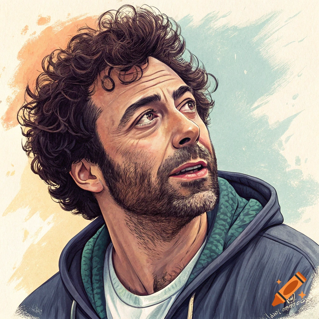 Stylized watercolor portrait of a man with curly hair and a beard, looking up, wearing a hoodie.