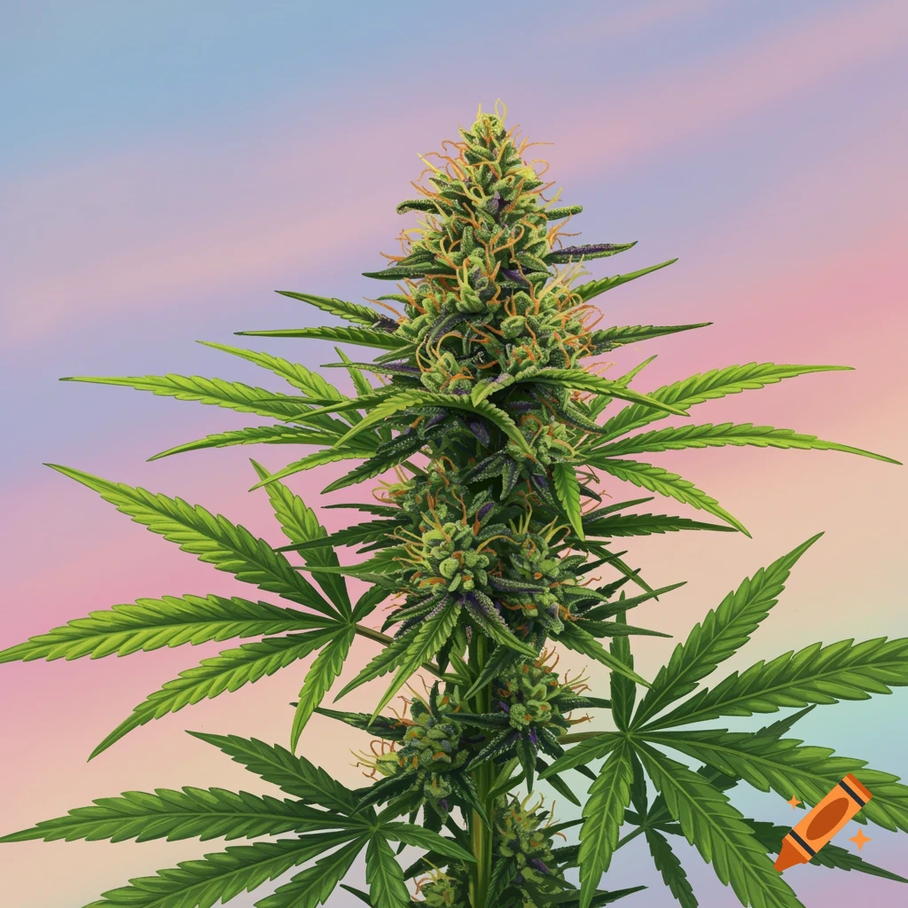 A cannabis plant is silhouetted against a vibrant pink and blue sky.