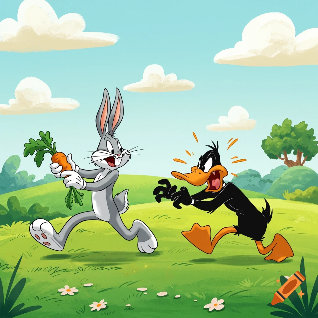 Bugs Bunny runs with a carrot, laughing at Daffy Duck who chases him across a grassy hill. Cartoon style.