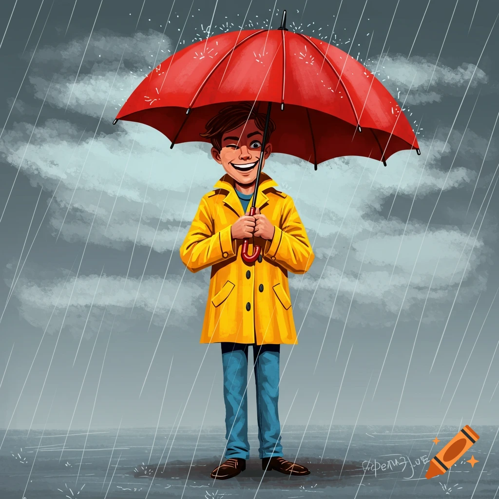 An illustration of a smiling boy in a yellow raincoat holding a red umbrella in the rain.