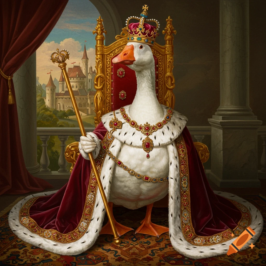 A white goose wearing a crown and royal robe sits on a throne, holding a scepter.