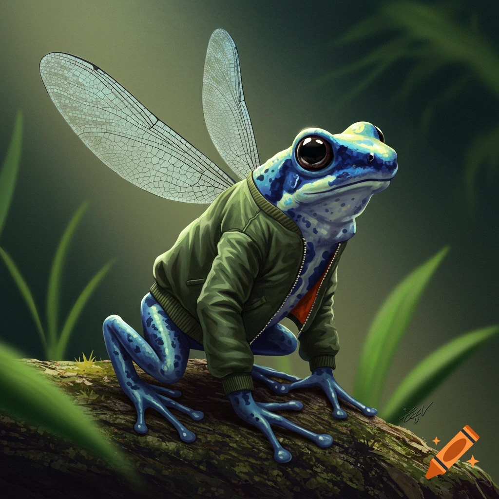 A blue poison dart frog wearing a green bomber jacket and dragonfly wings sits on a log in a forest.