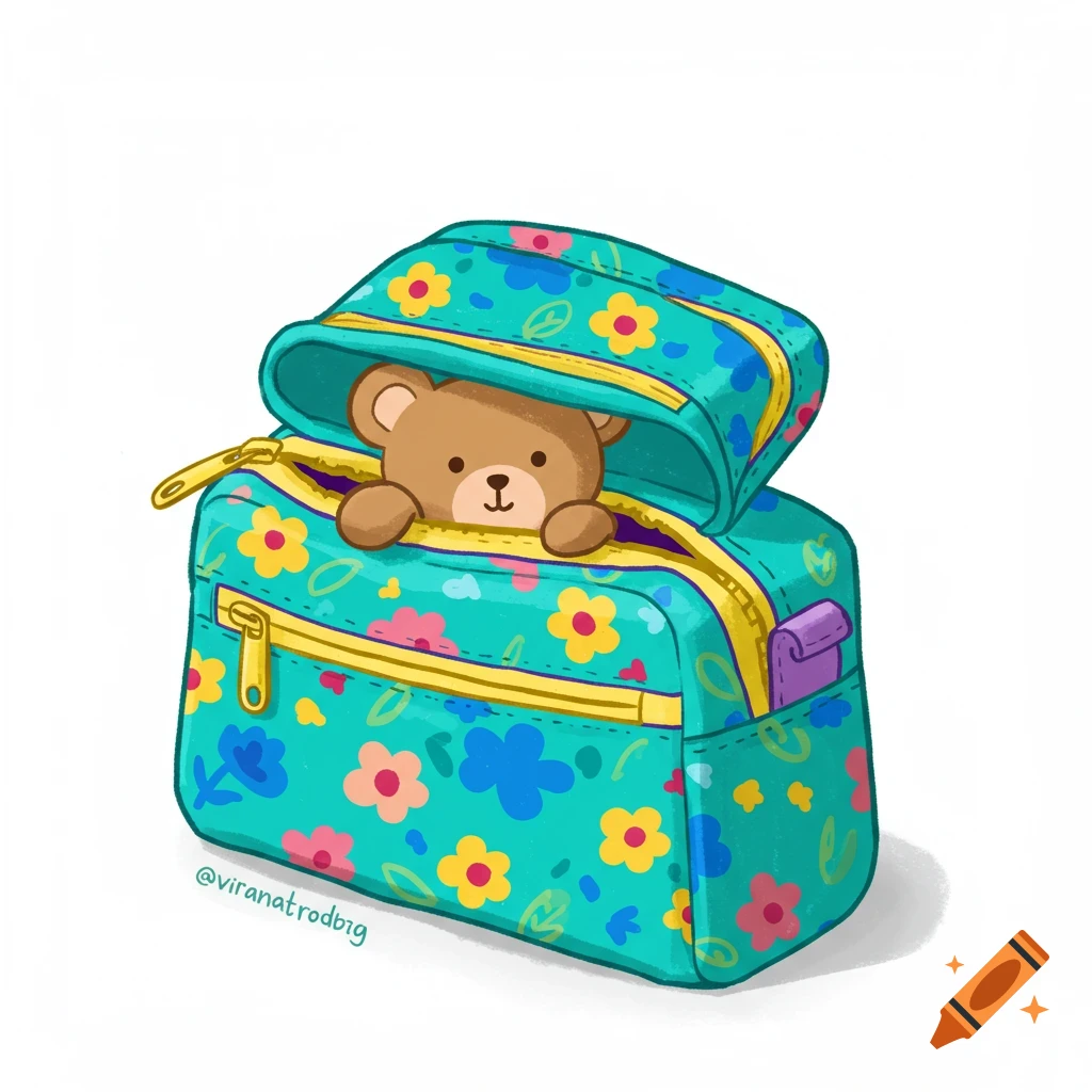 A teddy bear peeking from a bright floral travel bag.