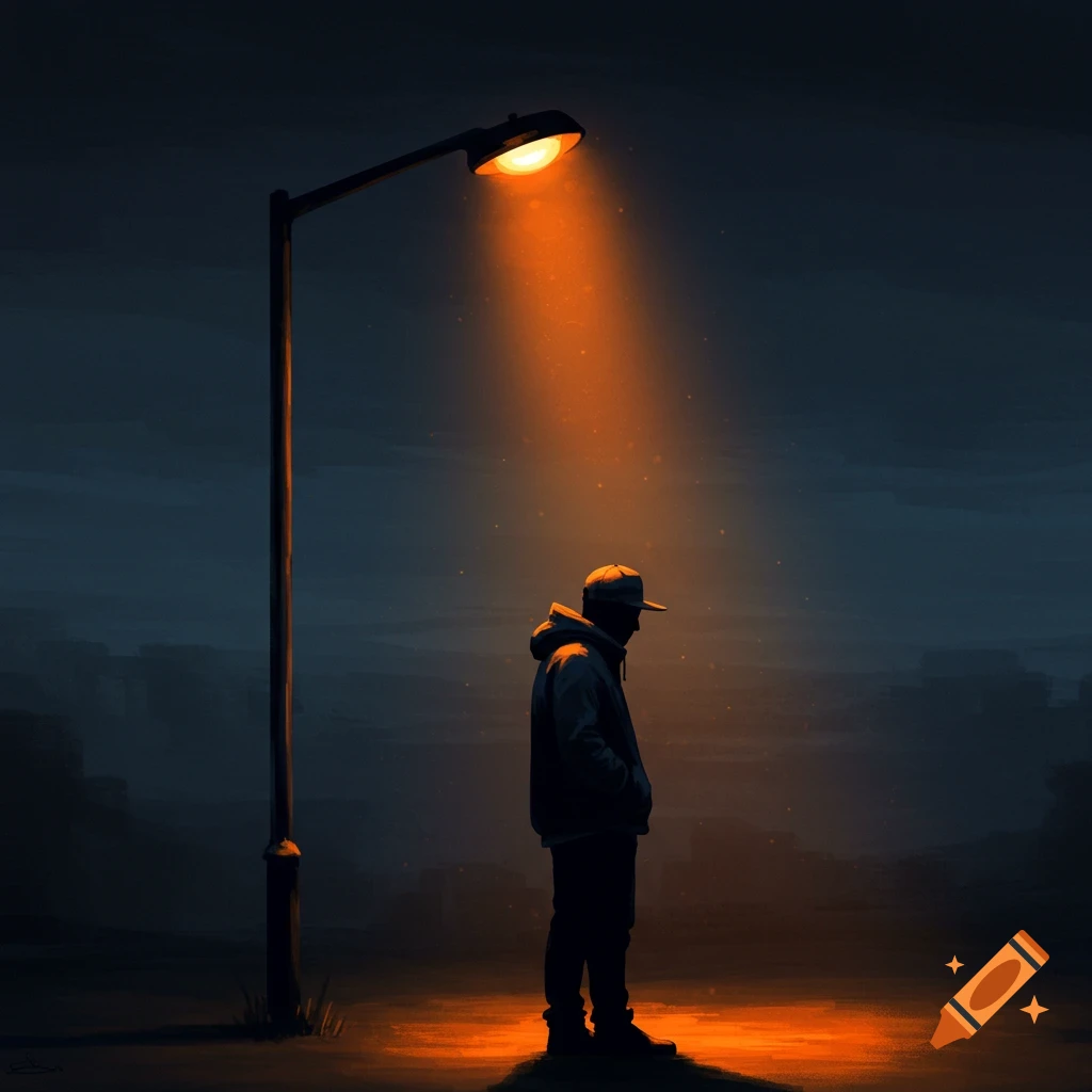A silhouette figure wearing a hoodie and cap stands under a bright street light at night.