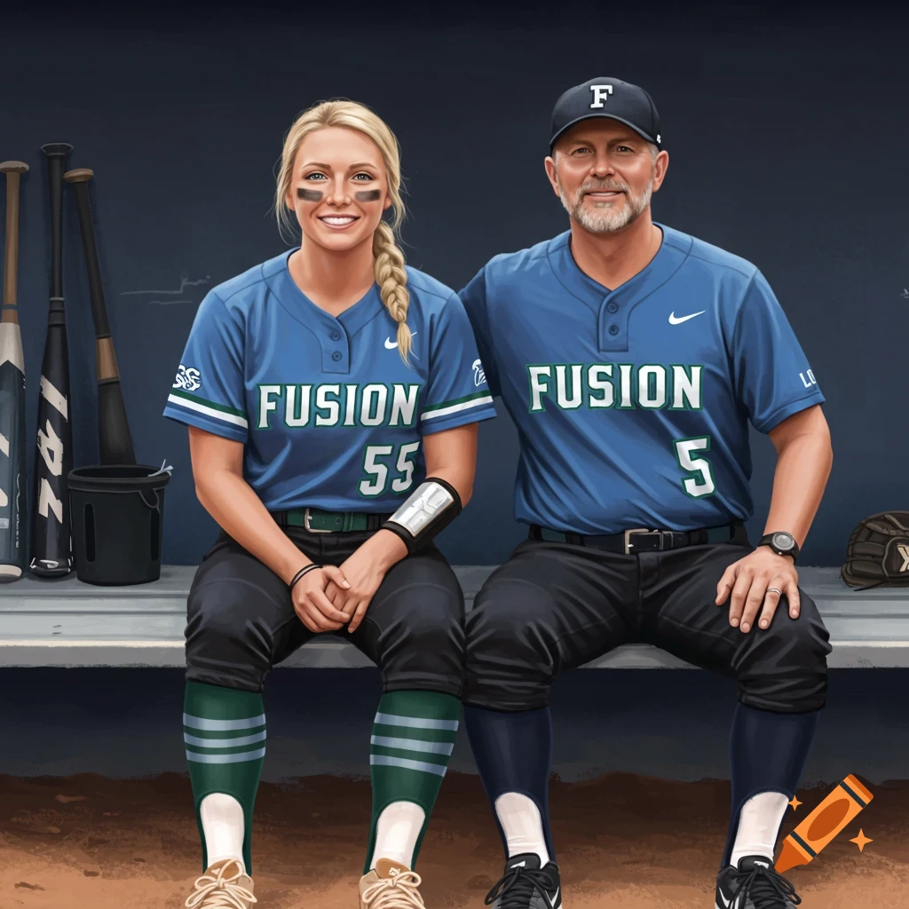 A woman and man in softball uniforms are sitting in a dugout.