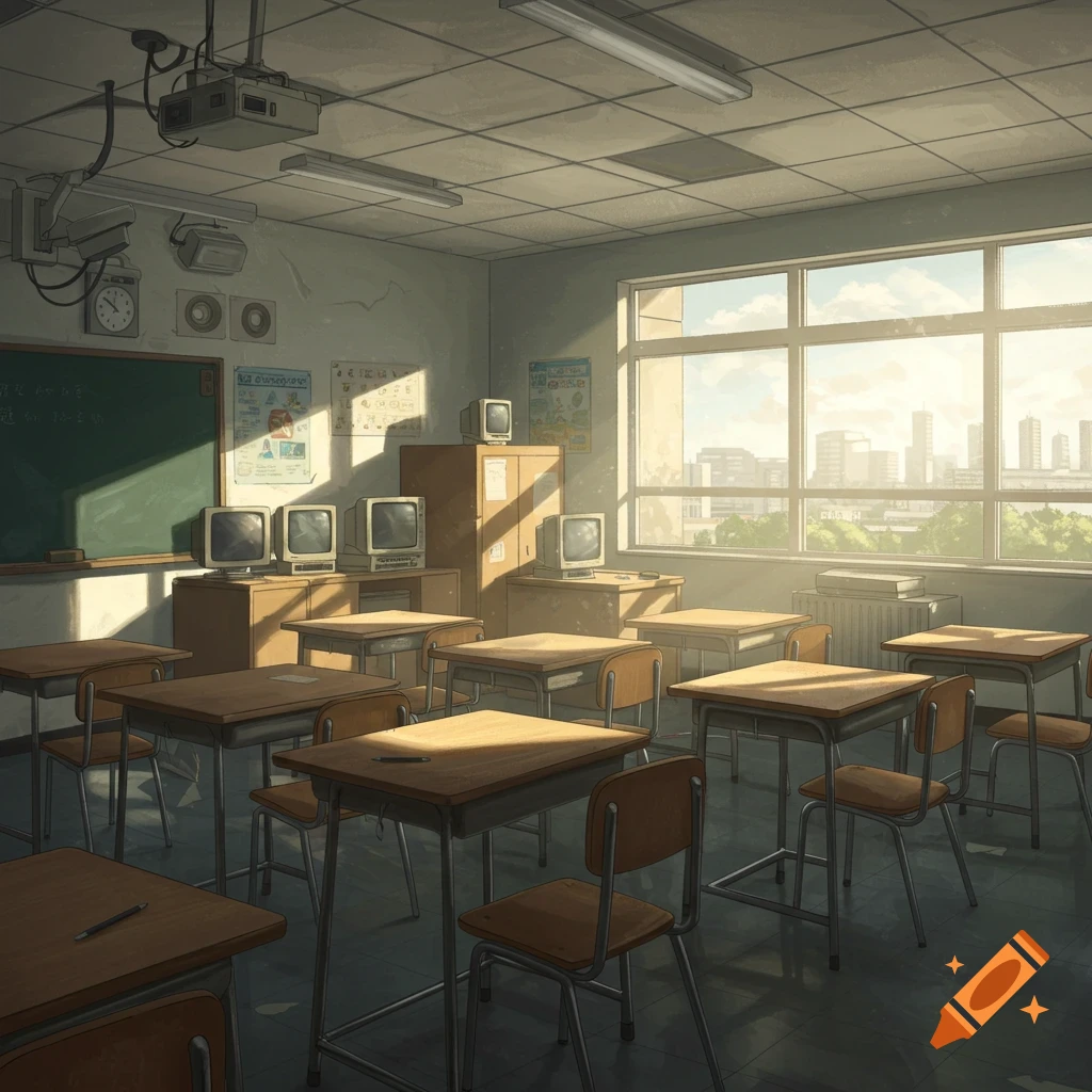 Empty classroom with desks, computers, and a large window looking out at a city skyline.