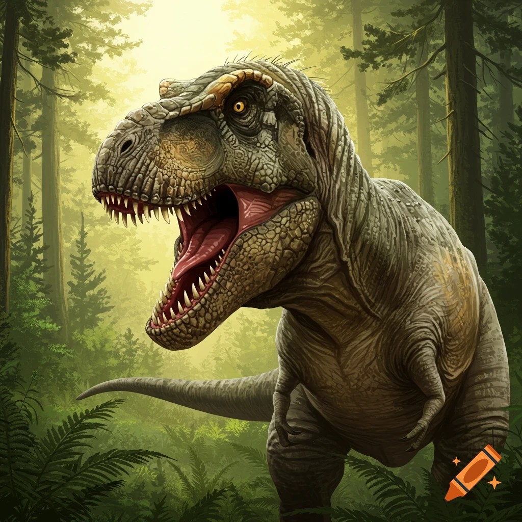 A T-Rex roaring in a forest.