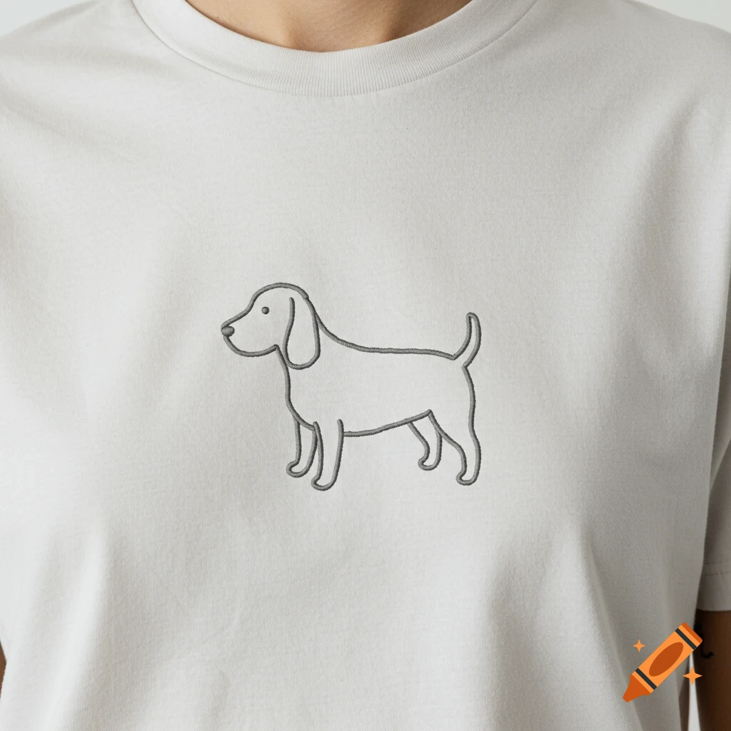 Minimalist line art of a dog embroidered on a light gray t-shirt.