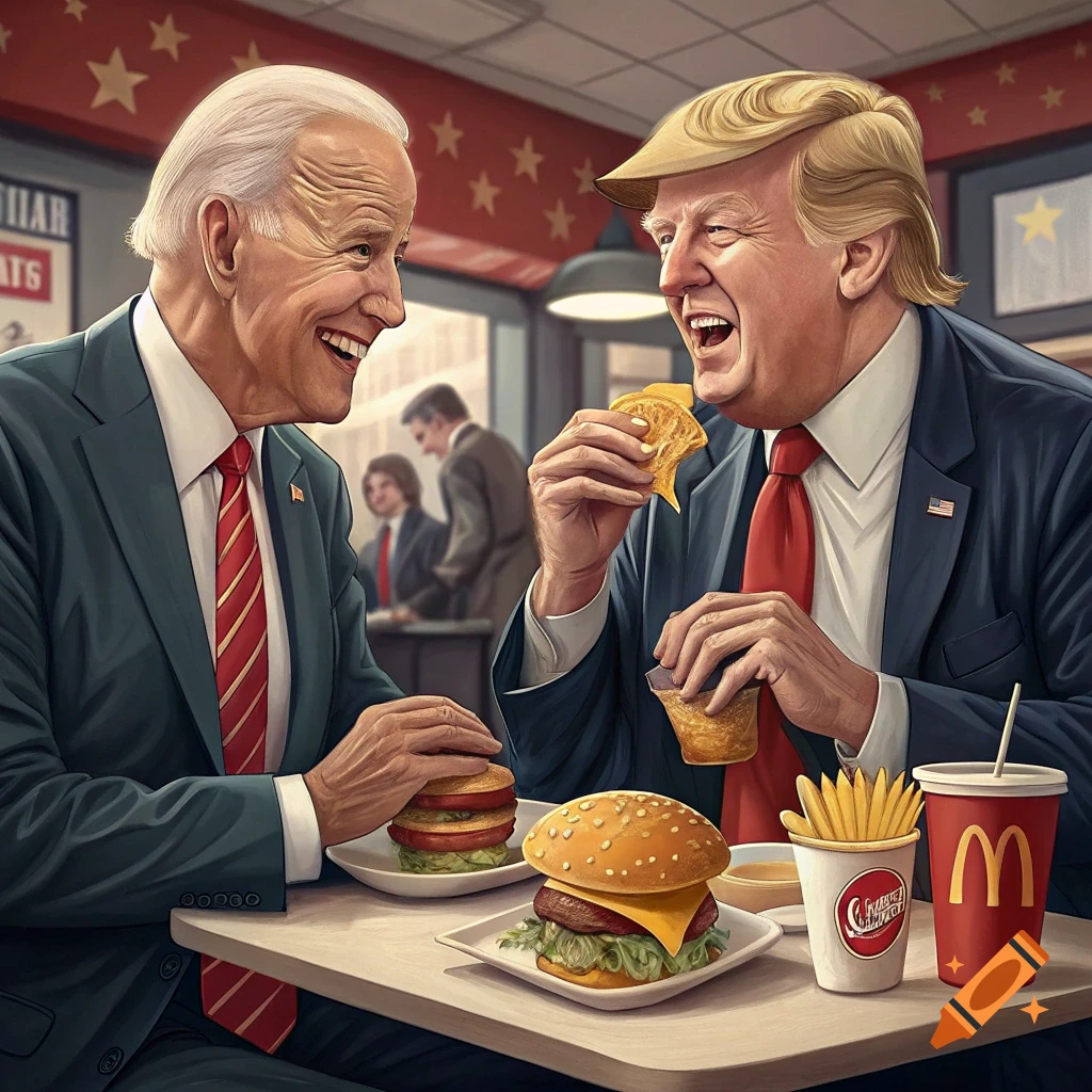 Joe Biden and Donald Trump eat hamburgers and fries together in a diner, laughing.