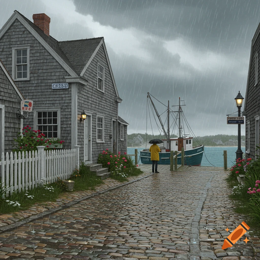 Rainy day in a coastal town with shingle houses, cobblestone street, and a fishing boat.