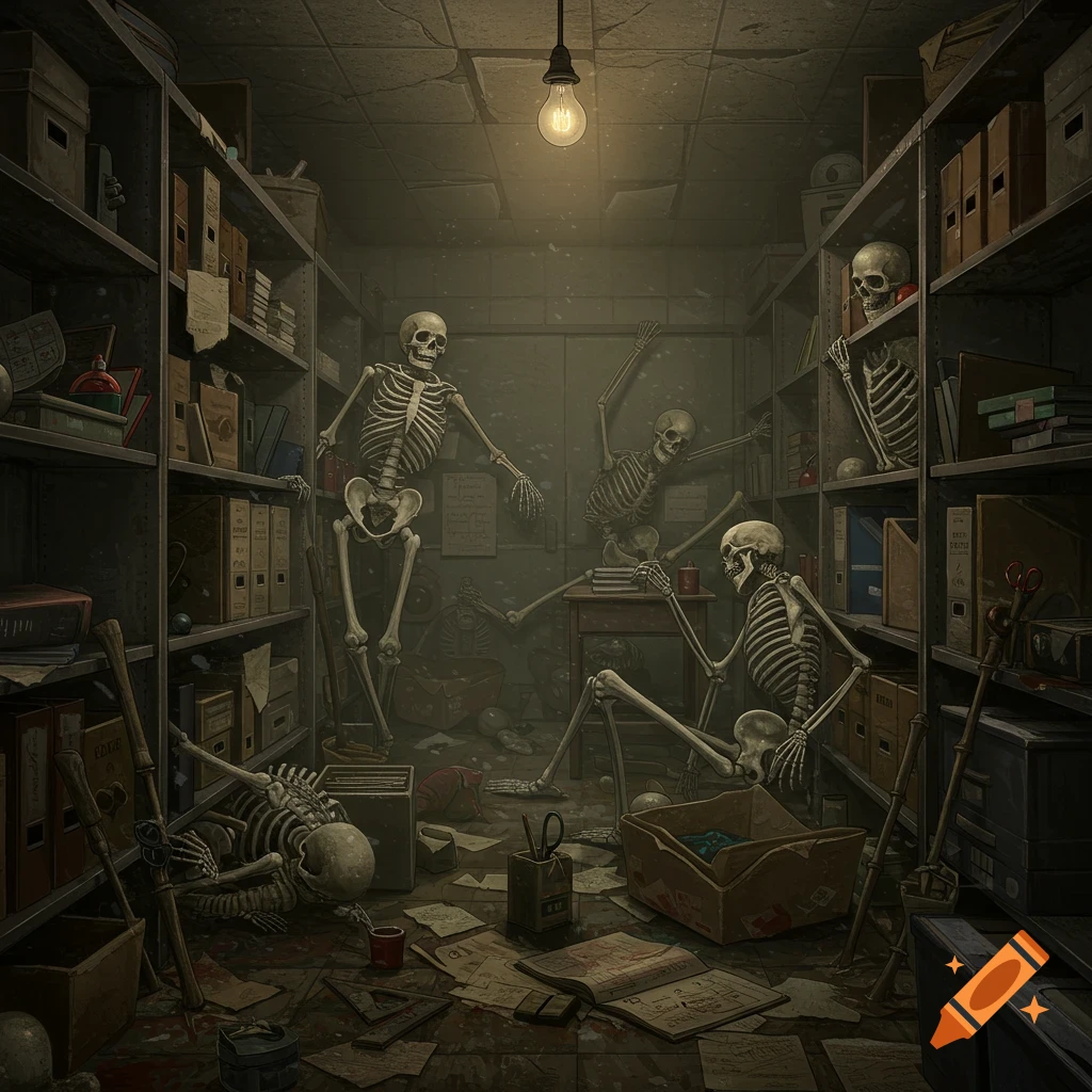 Skeletons in a messy storage room with shelves, papers, and boxes.