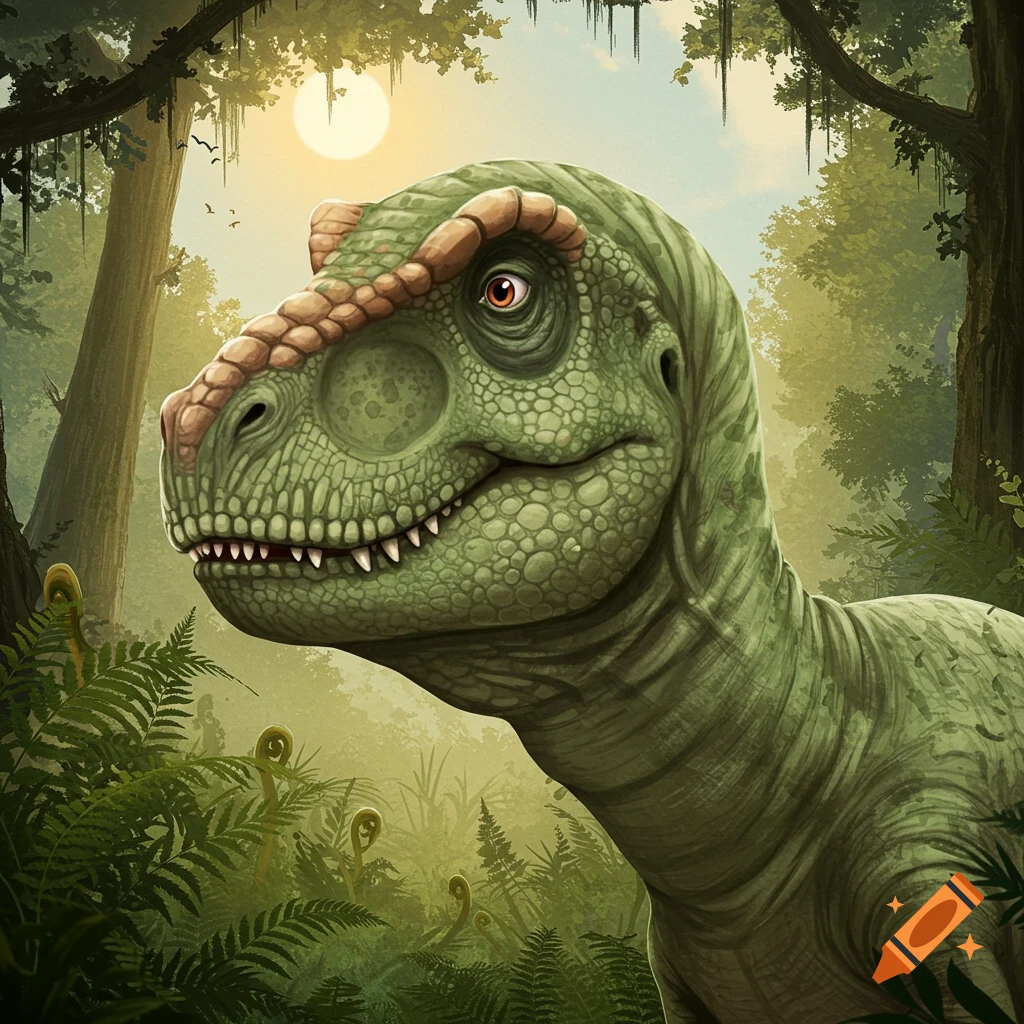 a dinosaur head in a jungle.