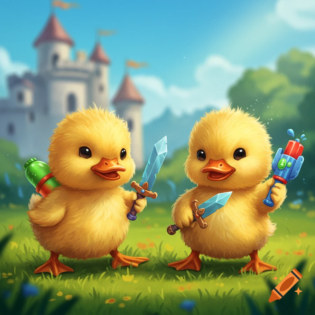Two cute ducklings hold a toy sword and water gun in a grassy field with a castle in the background. Digital illustration.