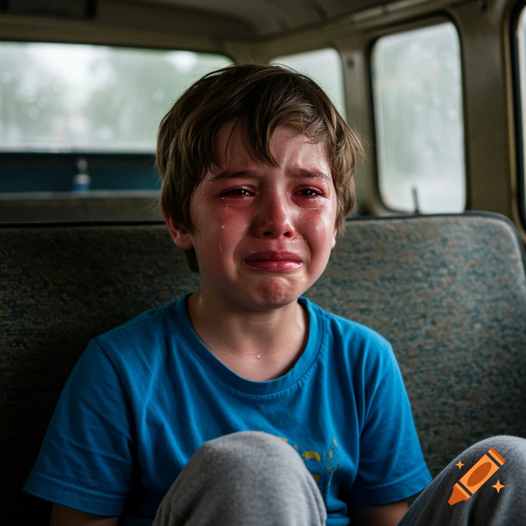 A close-up photorealistic image of a young boy crying in the back of a vehicle, tears streaming down his face.